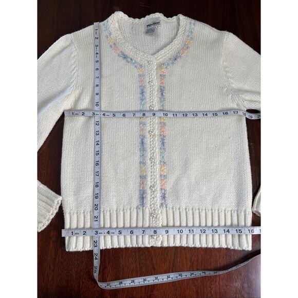 VTG Objectives Petite Cottage Cardigan Sweater Sz M Ivory Pearl Button Soft Girl - Picture 5 of 8
